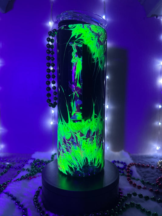 Madi Gras Tumbler, Skinny, With handle, 20oz, GLOW IN THE DARK, "Let the Shenanigans Begin"