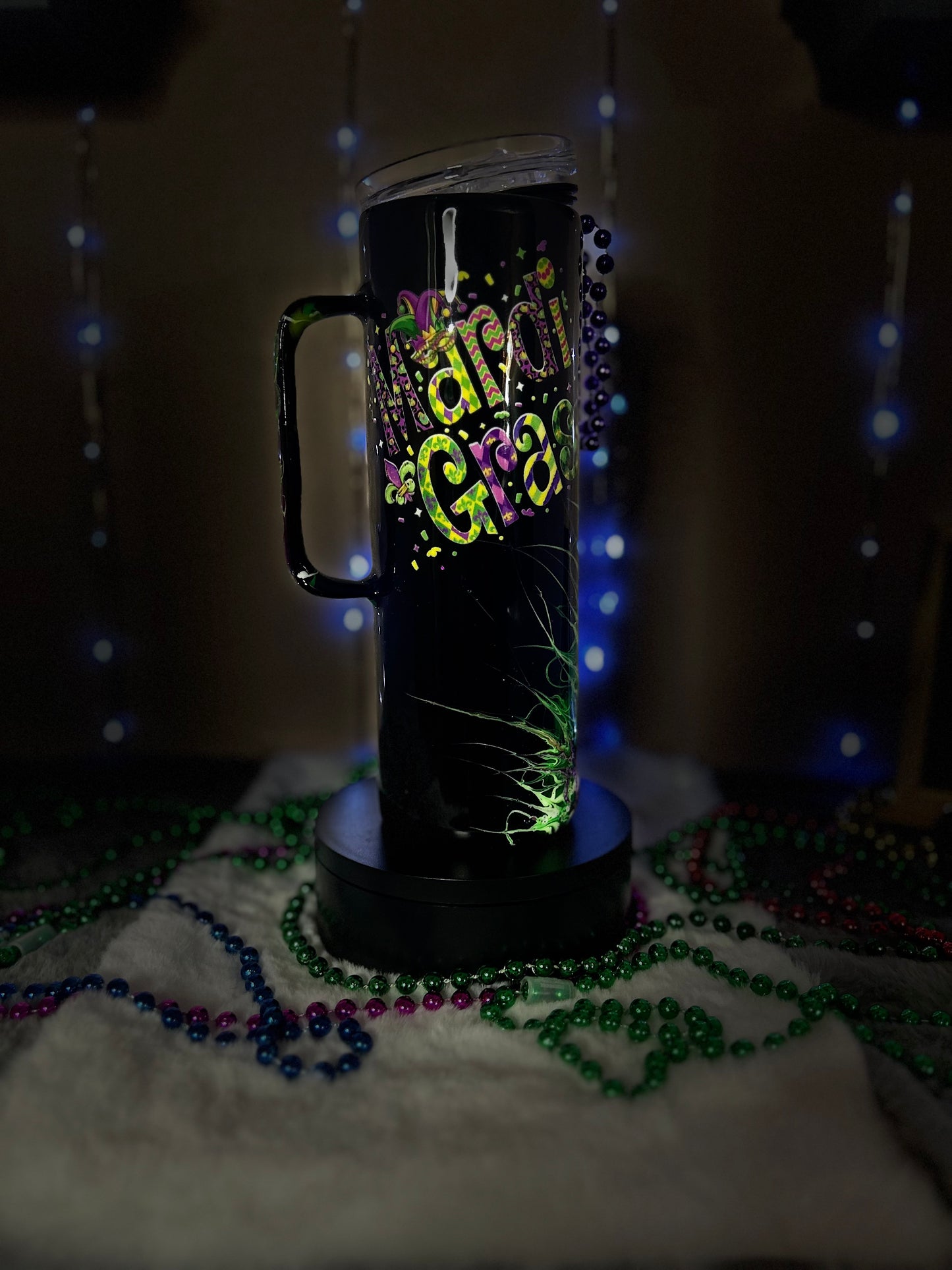 MARDI GRAS GLOW IN THE DARK BOUJI TUMBLER WITH HANDLE