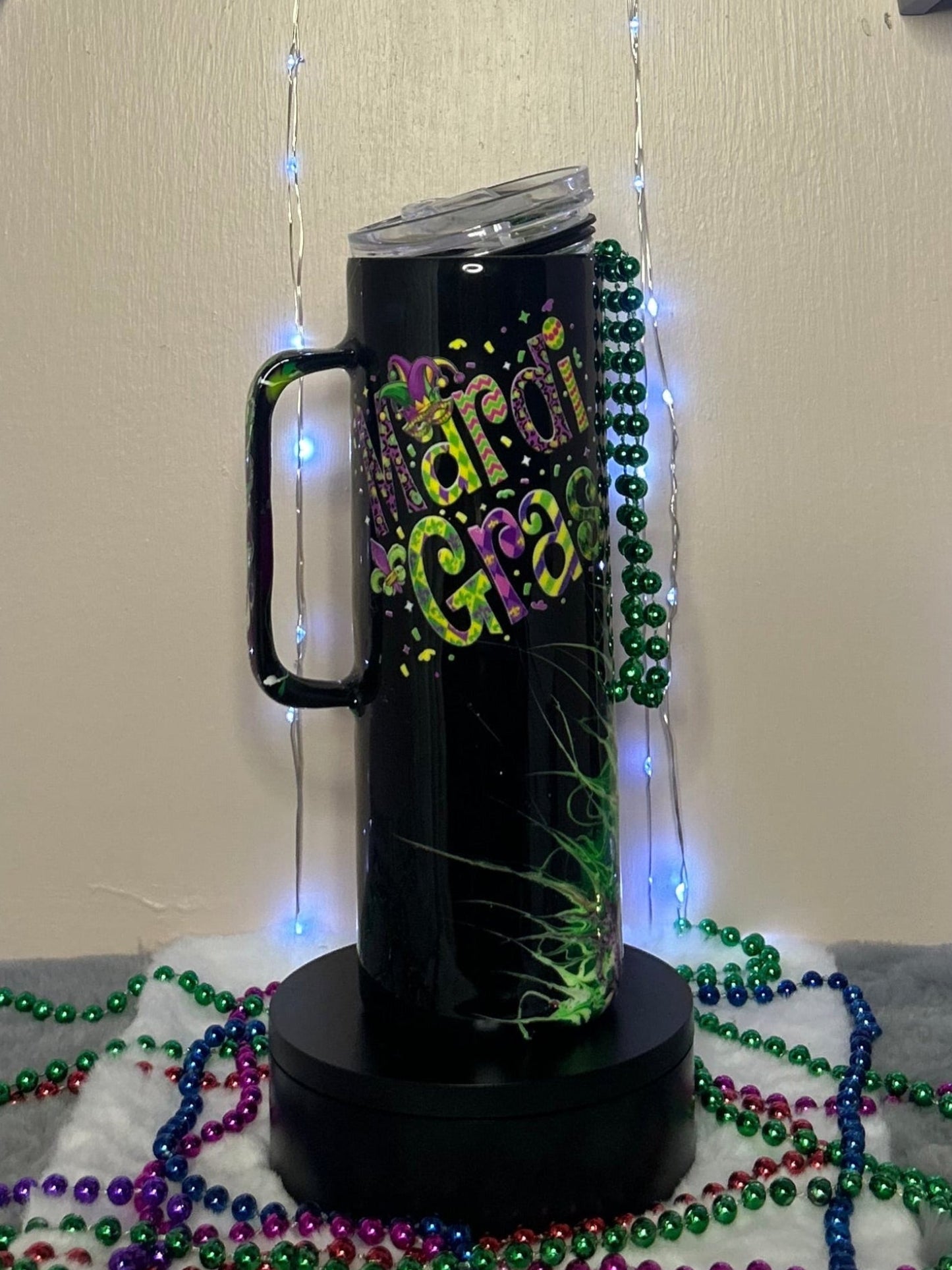 MARDI GRAS GLOW IN THE DARK BOUJI TUMBLER WITH HANDLE