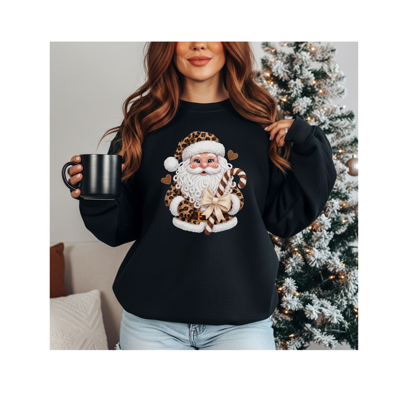 SANTA FAUX EMBROIDERY CHRISTMAS SWEATSHIRT